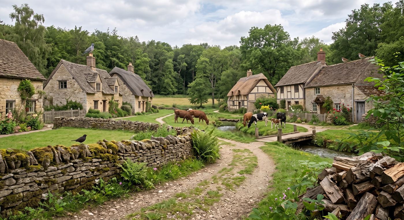 Cottages and cattle in a village