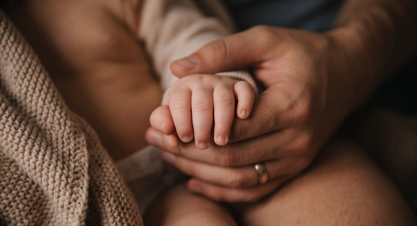 An infant's hand held by adult hands