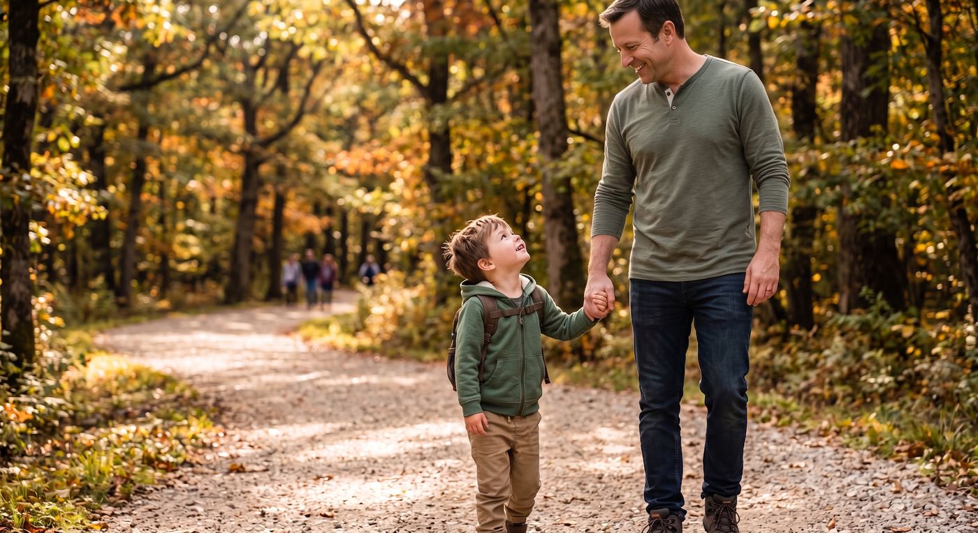 A parent and child walking through a forest