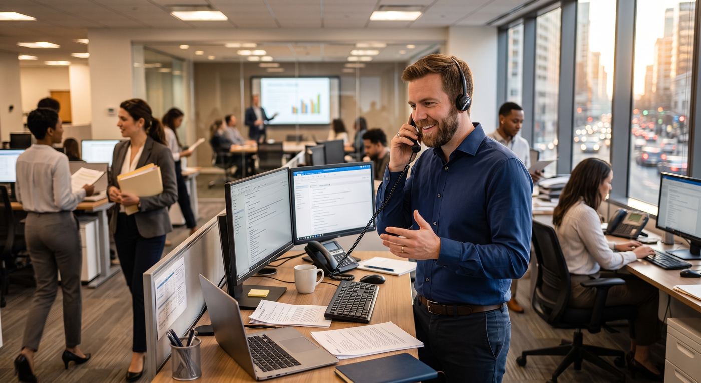 People working in a busy office