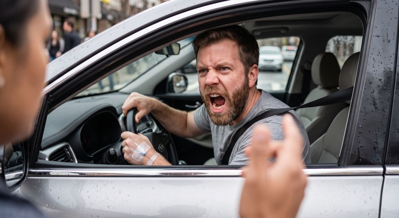 An angry encounter beside a car