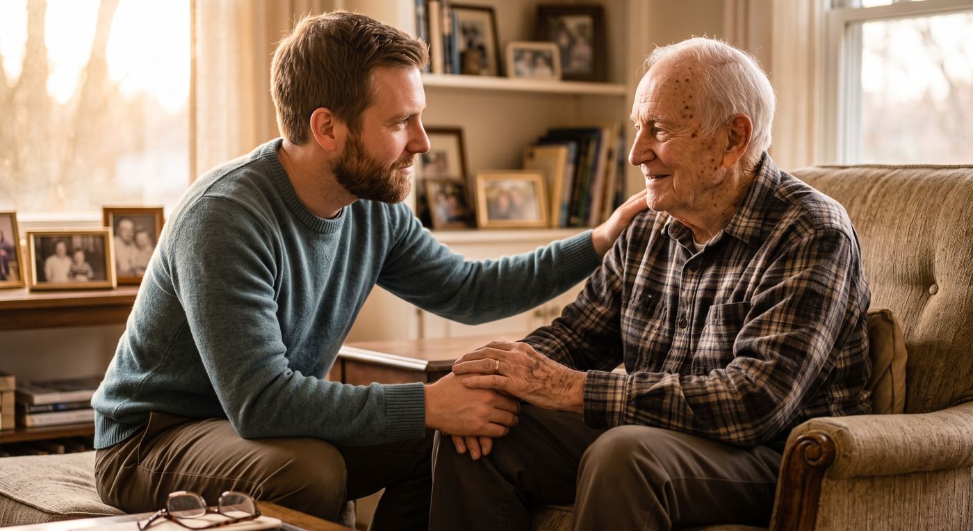 A man caring for an older man