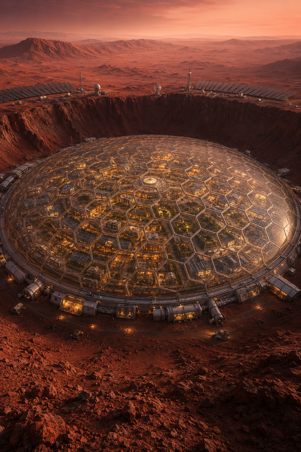 Concept visualization of a city-scale CraterHab integrated into a Martian crater, with a hexagonal pressurized membrane and illuminated settlement inside