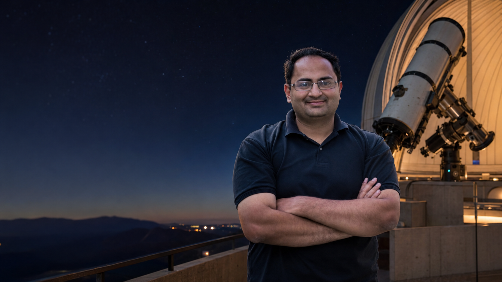 Muhammad Mehdi Hussain standing with folded arms beside an astronomical telescope