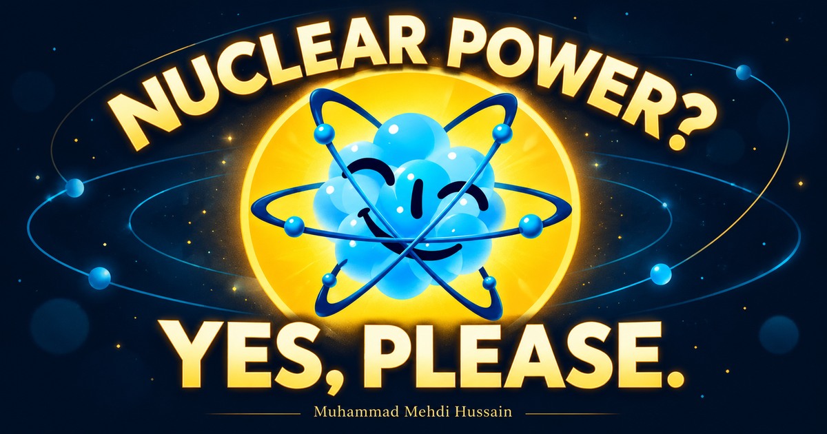 Smiling blue atom with the words Nuclear power? Yes, please.