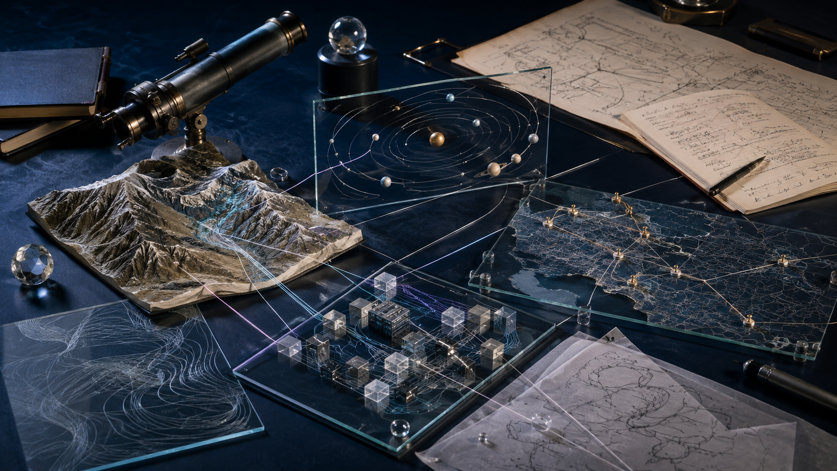 Editorial systems-thinking composition connecting terrain, astronomy, logistics, cloud architecture and mathematics