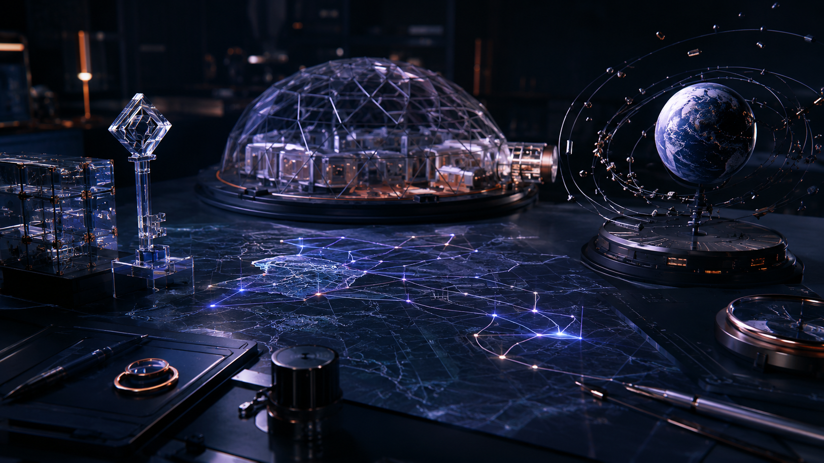 Editorial concept bringing together route planning, digital trust, habitat engineering and orbital tracking